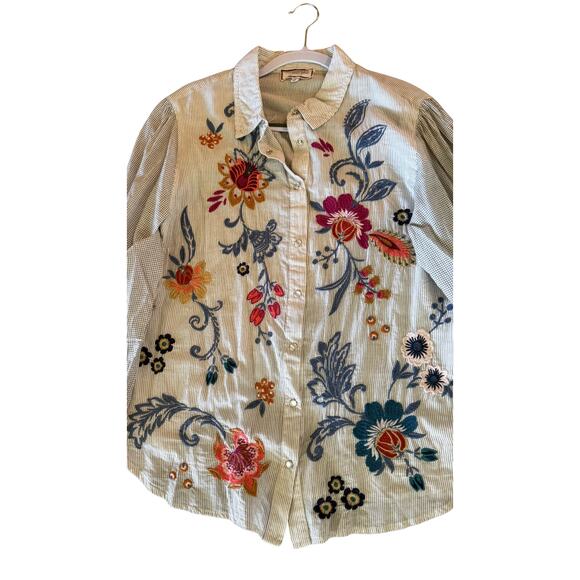 Johnny Was Stripe Embroidered Top - Picture 1 of 5